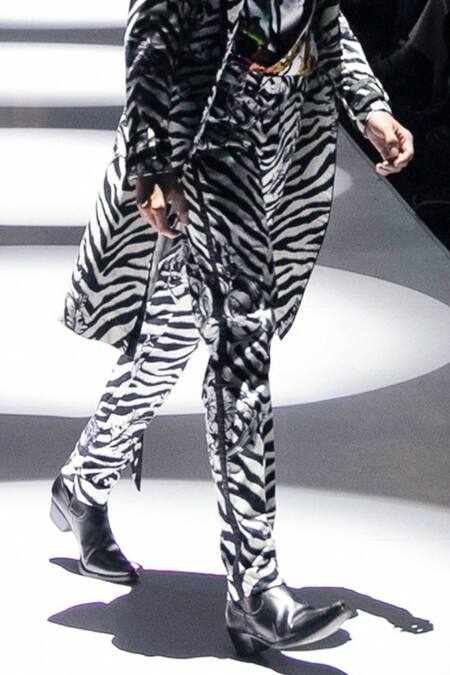 MR. Ajay Kumar_Black Cotton Primal Animal Print Trouser _Online_at_Aza_Fashions