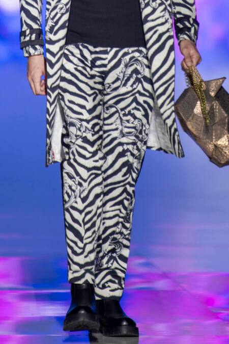 Buy_MR. Ajay Kumar_Black Cotton Primal Animal Print Trouser _Online_at_Aza_Fashions