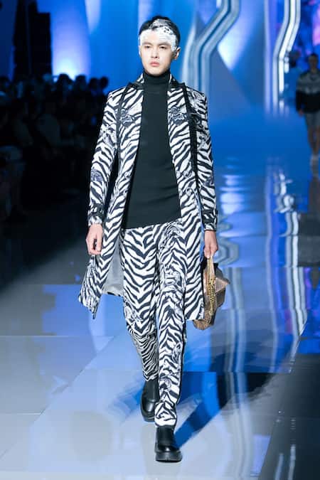 Shop_MR. Ajay Kumar_Black Cotton Primal Animal Print Trouser _Online_at_Aza_Fashions