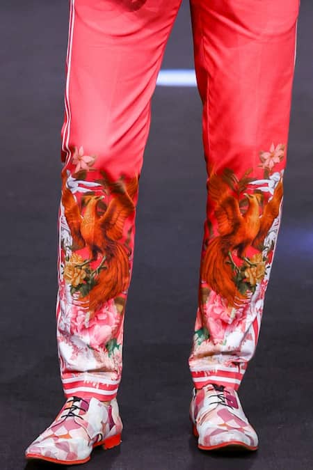 MR. Ajay Kumar_Red Cotton Henry Side Striper Print Trouser _Online_at_Aza_Fashions