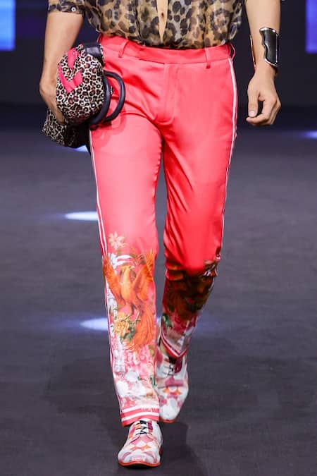 Buy_MR. Ajay Kumar_Red Cotton Henry Side Striper Print Trouser _Online_at_Aza_Fashions