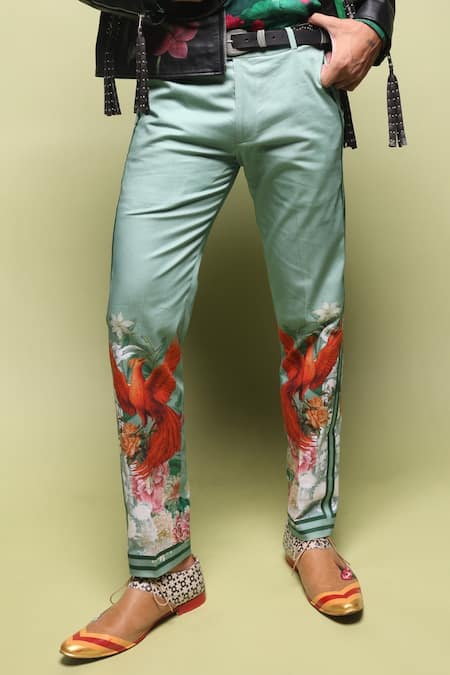Buy_MR. Ajay Kumar_Green Cotton Ronny Side Striper Print Trouser _Online_at_Aza_Fashions