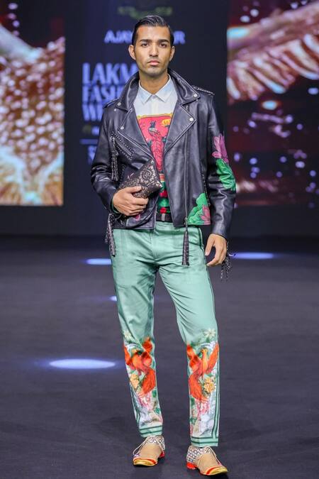 Shop_MR. Ajay Kumar_Green Cotton Ronny Side Striper Print Trouser _Online_at_Aza_Fashions