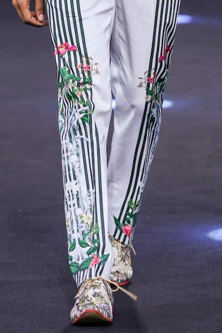 Buy_MR. Ajay Kumar_White Polyester Robby Side Striper Print Trouser _Online_at_Aza_Fashions