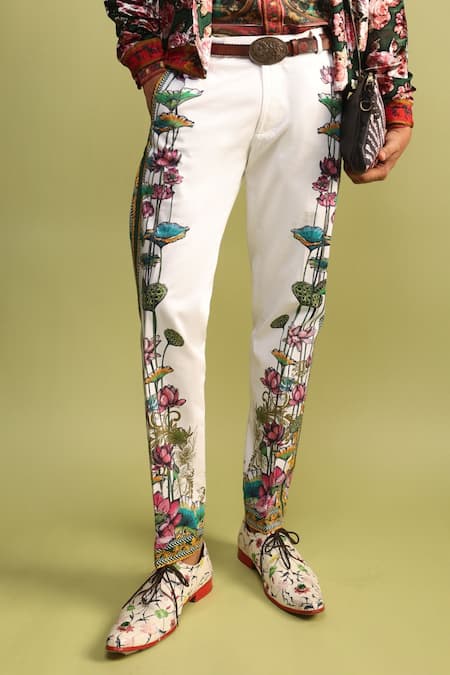 MR. Ajay Kumar_White Cotton Miguel Side Striper Print Trouser _Online_at_Aza_Fashions