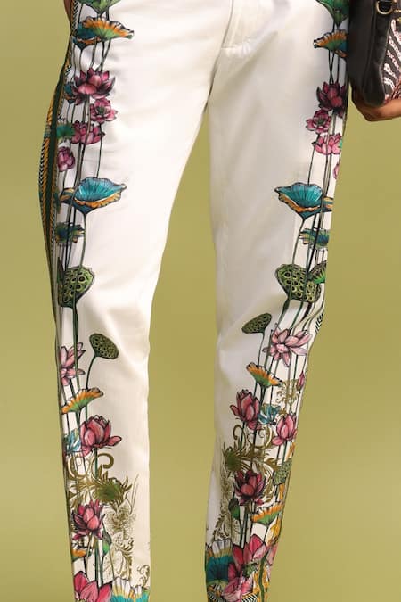 Shop_MR. Ajay Kumar_White Cotton Miguel Side Striper Print Trouser _Online_at_Aza_Fashions