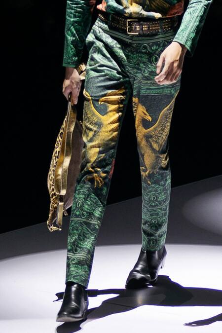 MR. Ajay Kumar_Green Cotton Rising Phoenix Print Trouser _Online_at_Aza_Fashions