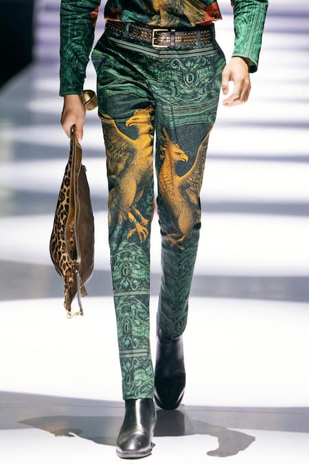 Buy_MR. Ajay Kumar_Green Cotton Rising Phoenix Print Trouser _Online_at_Aza_Fashions