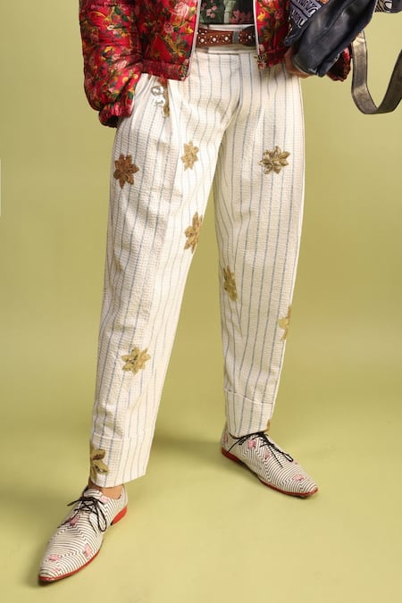 MR. Ajay Kumar_Ivory Polyester Applique, Embroidery Mist Phoenix Seersucker Pant _Online_at_Aza_Fashions