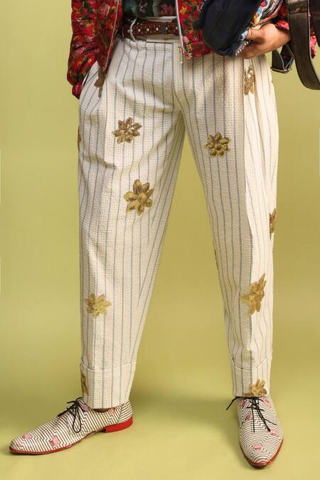 Buy_MR. Ajay Kumar_Ivory Polyester Applique, Embroidery Mist Phoenix Seersucker Pant _Online_at_Aza_Fashions