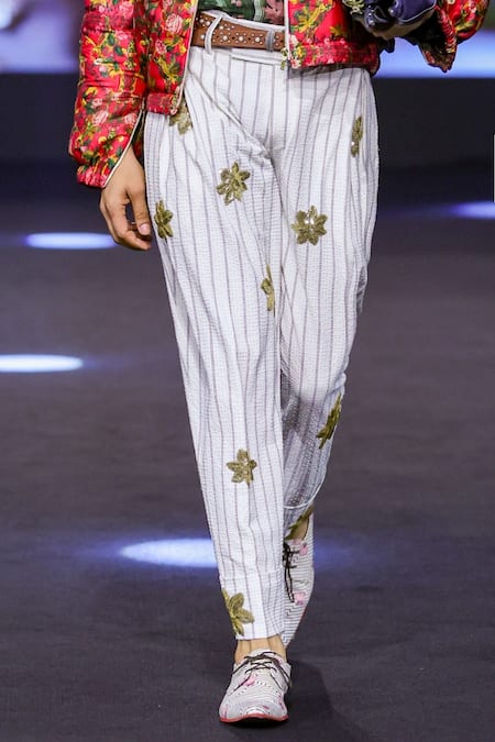 Shop_MR. Ajay Kumar_Ivory Polyester Applique, Embroidery Mist Phoenix Seersucker Pant _Online_at_Aza_Fashions