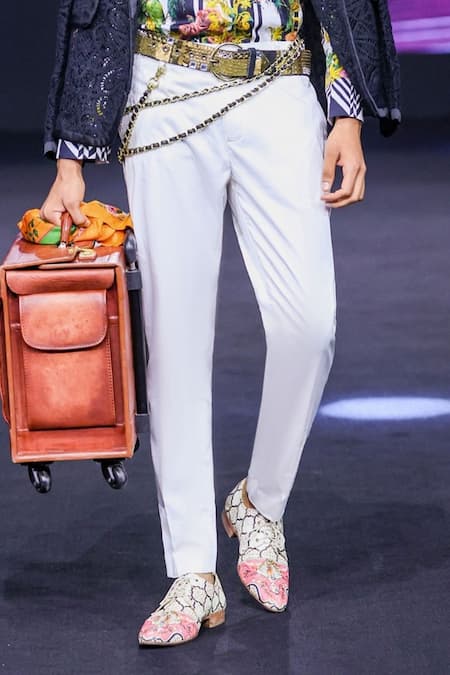 Buy_MR. Ajay Kumar_White Cotton Safa Side Striper Pant _Online_at_Aza_Fashions