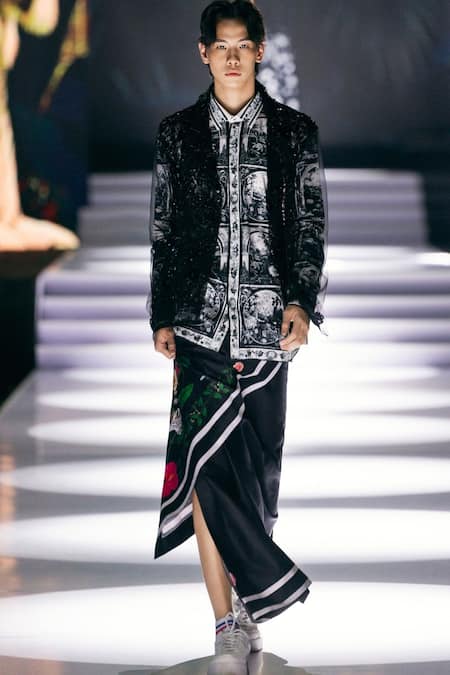 MR. Ajay Kumar Natori Black Pre-Pleated Sarong Dhoti Pant 