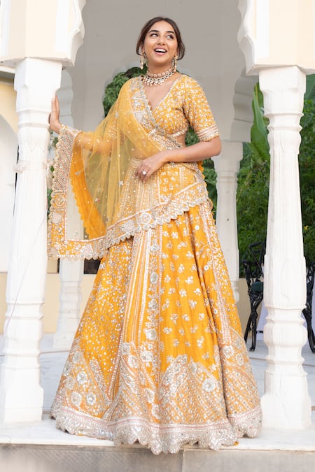 Buy_Osaa By Adarsh_Orange Silk Zari, Diamonds, Embroidery V-neck Dori Blouse Lehenga Set 