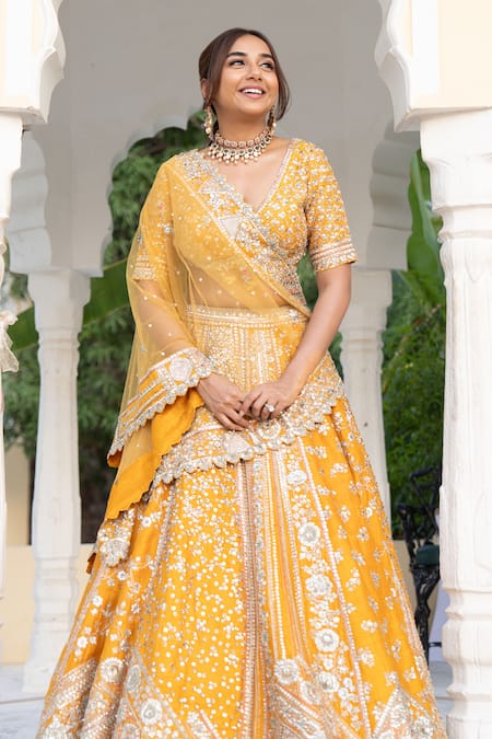 Shop_Osaa By Adarsh_Orange Silk Zari, Diamonds, Embroidery V-neck Dori Blouse Lehenga Set 