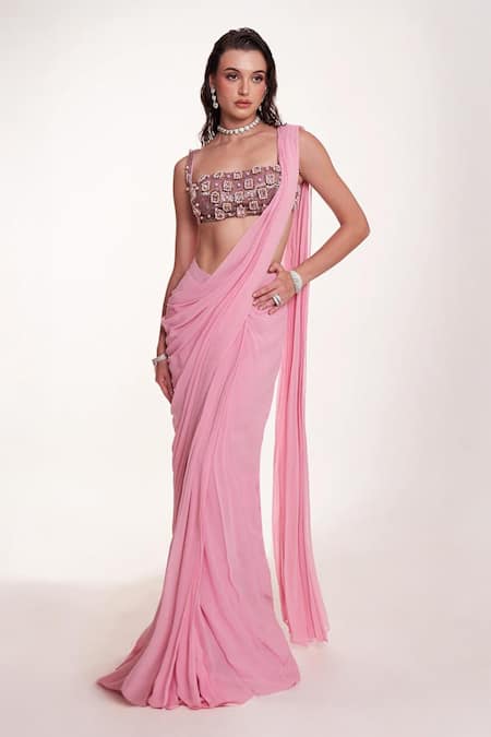 Anshika Tak Label Geometric Mirrorwork Blouse With Pre-Draped Saree 