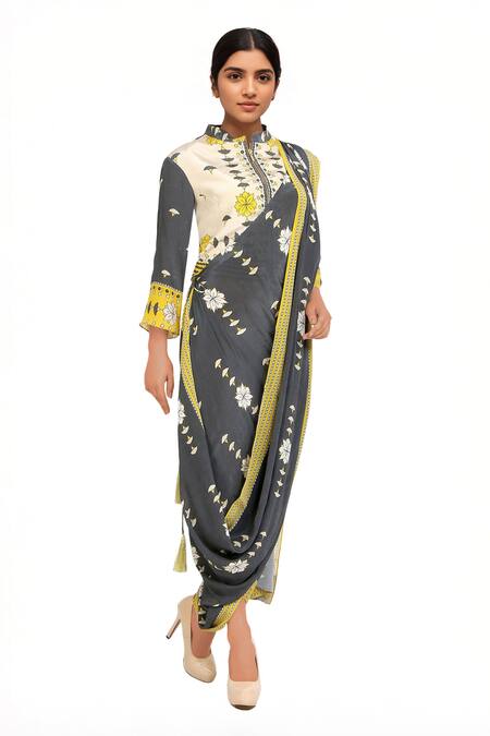 Soup By Sougat Paul Yellow Crepe Floral Print Band Collar Charcoal Grey And Saree With Jacket