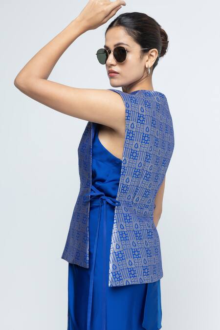Shop SOBARIKO Blue Brocade, Silk V-neck Alia Gilet With Asymmetric Dress Online at Aza Fashions Shop_SOBARIKO_Blue Brocade, Silk V-neck Alia Gilet With Asymmetric Dress _Online_at_Aza_Fashions