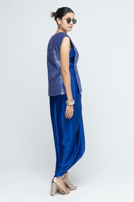 Buy SOBARIKO Blue Brocade, Silk V-neck Alia Gilet With Asymmetric Dress Buy_SOBARIKO_Blue Brocade, Silk V-neck Alia Gilet With Asymmetric Dress