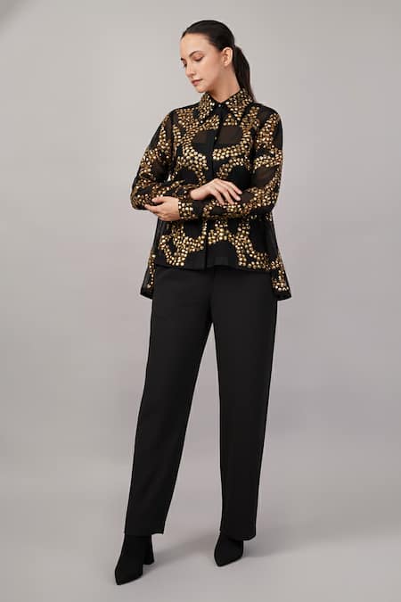 Abraham And Thakore_Black Viscose, Organza Sequins Collared French Cut Rings Shirt _Online_at_Aza_Fashions
