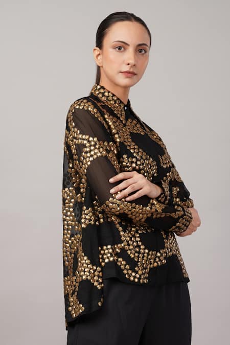 Buy_Abraham And Thakore_Black Viscose, Organza Sequins Collared French Cut Rings Shirt _Online_at_Aza_Fashions