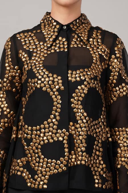Abraham And Thakore_Black Viscose, Organza Sequins Collared French Cut Rings Shirt _at_Aza_Fashions