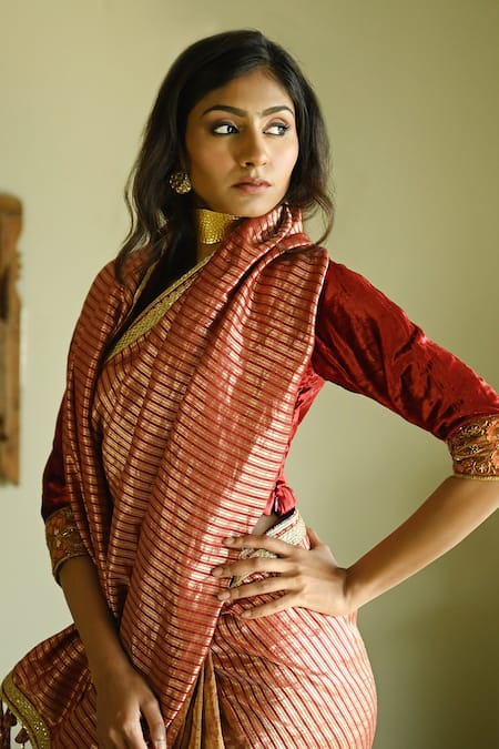 Shop_Shorshe Clothing_Red Tissue Lace, Tassels Irum Meena Stripes Woven Saree _Online_at_Aza_Fashions
