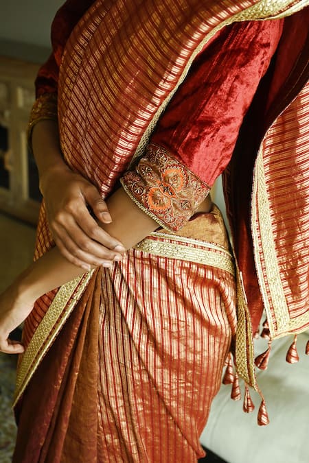 Shorshe Clothing_Red Tissue Lace, Tassels Irum Meena Stripes Woven Saree _at_Aza_Fashions