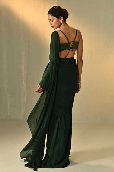 Cedar & Pine Rang Pre-Draped Saree With Embroidered Blouse 