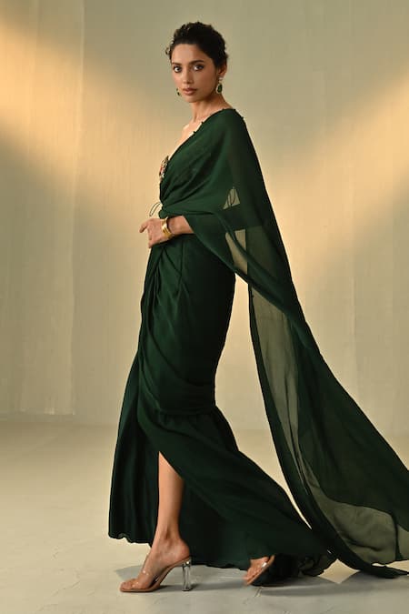 Buy_Cedar & Pine_Green Chinon, Dupion Beads, Sequins, Rang Pre-draped Saree With Blouse _Online_at_Aza_Fashions