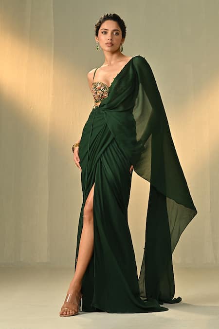 Cedar & Pine Rang Pre-Draped Saree With Embroidered Blouse 