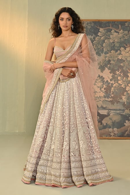 Cedar & Pine_Pink Organza, Silk, Tulle Embroidery, Sequins, Zari, Beads Saira Lehenga Set _Online_at_Aza_Fashions