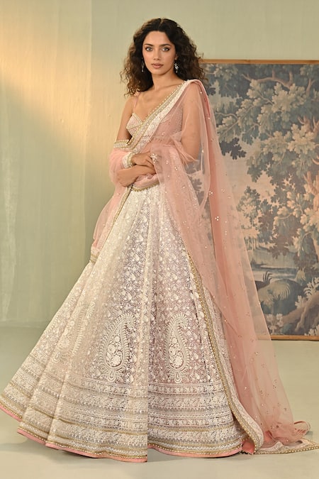Shop_Cedar & Pine_Pink Organza, Silk, Tulle Embroidery, Sequins, Zari, Beads Saira Lehenga Set _Online_at_Aza_Fashions