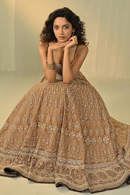 Cedar & Pine_Gold Organza, Georgette, Tulle Embroidery, Sequins, Zuleikha Blouse Lehenga Set _Online_at_Aza_Fashions