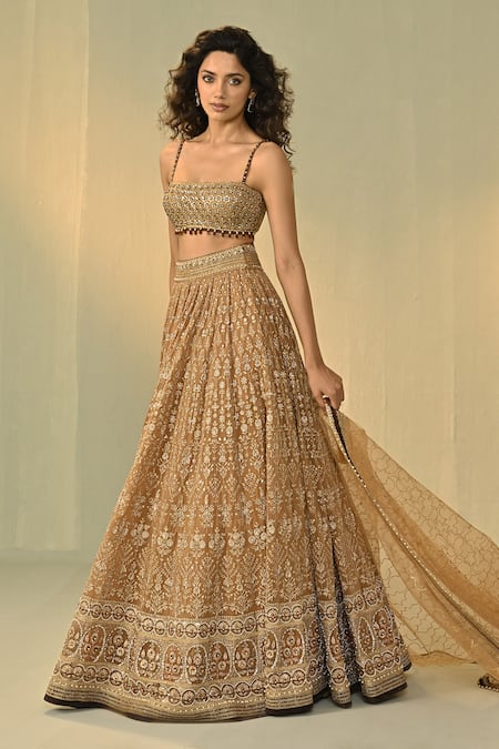 Buy_Cedar & Pine_Gold Organza, Georgette, Tulle Embroidery, Sequins, Zuleikha Blouse Lehenga Set _Online_at_Aza_Fashions