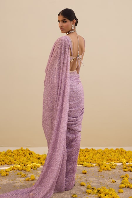 Cedar & Pine Floral Print Pre-Draped Saree With Blouse 