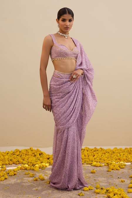 Cedar & Pine_Purple Georgette Beads, Sequins Floral Print Pre-draped Saree With Blouse _Online_at_Aza_Fashions