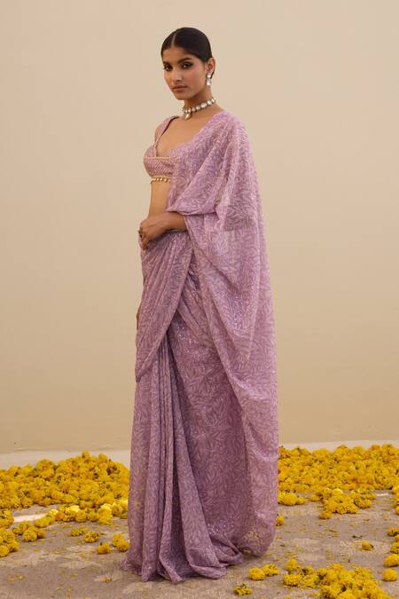 Buy_Cedar & Pine_Purple Georgette Beads, Sequins Floral Print Pre-draped Saree With Blouse _Online_at_Aza_Fashions