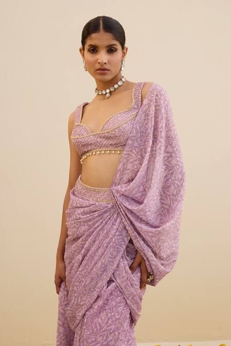 Shop_Cedar & Pine_Purple Georgette Beads, Sequins Floral Print Pre-draped Saree With Blouse _Online_at_Aza_Fashions