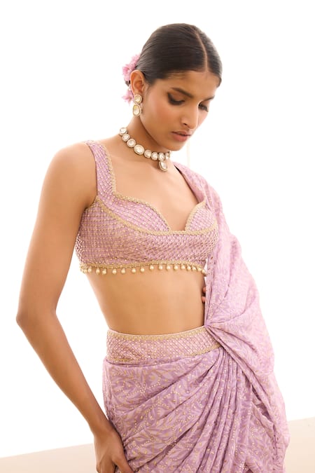 Cedar & Pine_Purple Georgette Beads, Sequins Floral Print Pre-draped Saree With Blouse _at_Aza_Fashions
