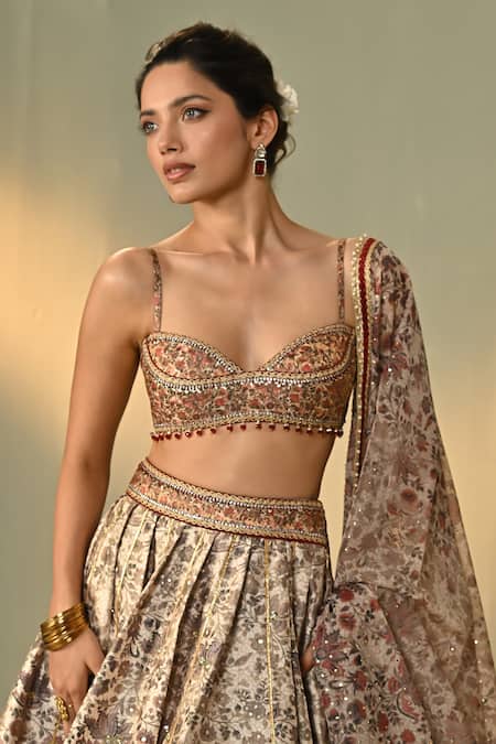 Cedar & Pine_Multi Color Dupion, Organza Embroidery, Sequins, Ghalib Floral Print Lehenga Set _Online_at_Aza_Fashions