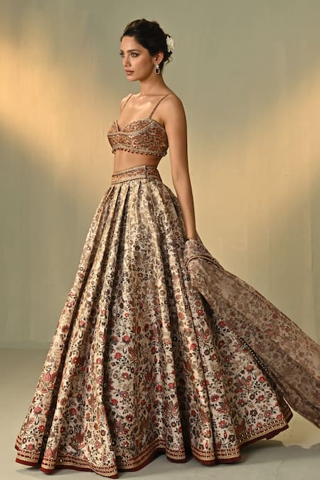 Shop_Cedar & Pine_Multi Color Dupion, Organza Embroidery, Sequins, Ghalib Floral Print Lehenga Set _Online_at_Aza_Fashions