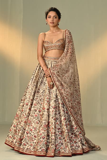 Cedar & Pine_Multi Color Dupion, Organza Embroidery, Sequins, Ghalib Floral Print Lehenga Set _at_Aza_Fashions
