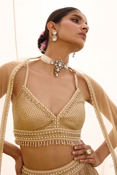 Cedar & Pine_Gold Tulle Embroidery, Sequins, Stones, Beads Majestic Floral Lehenga Set _Online_at_Aza_Fashions