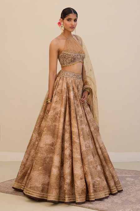 Cedar & Pine_Gold Brocade, Tulle Foil Printing, Beads, Mirage Printed Jacket Lehenga Set _Online_at_Aza_Fashions