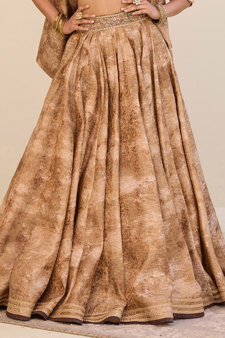 Shop_Cedar & Pine_Gold Brocade, Tulle Foil Printing, Beads, Mirage Printed Jacket Lehenga Set _Online_at_Aza_Fashions