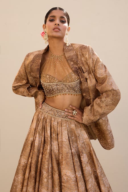 Cedar & Pine_Gold Brocade, Tulle Foil Printing, Beads, Mirage Printed Jacket Lehenga Set _at_Aza_Fashions
