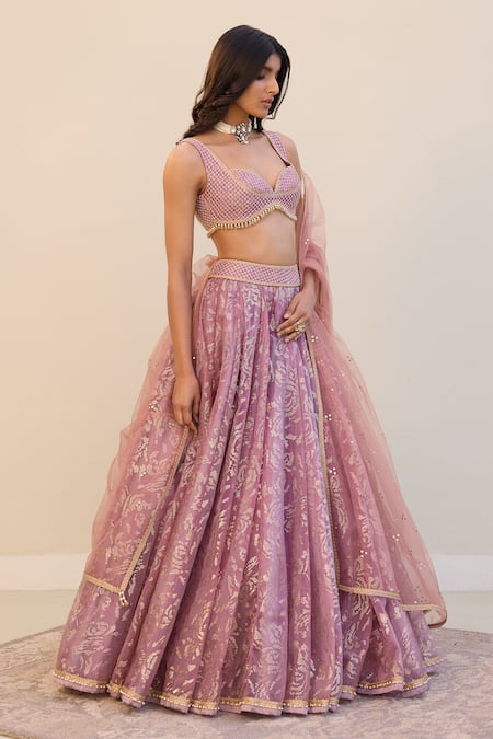 Cedar & Pine_Pink Organza, Tulle Foil Printing, Embroidery, Sequins Rose Lehenga Set _Online_at_Aza_Fashions