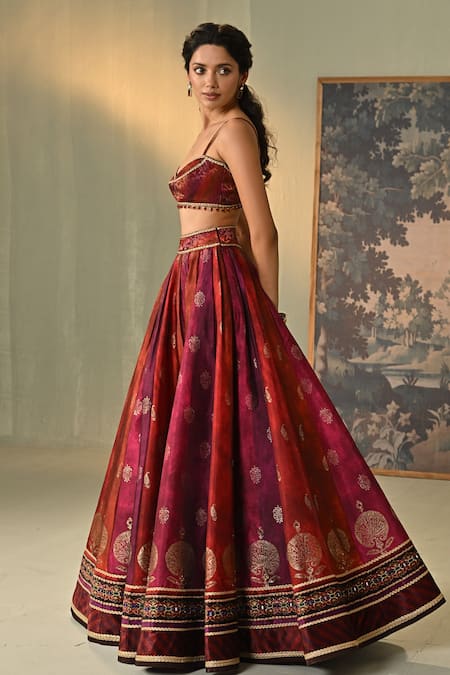 Cedar & Pine_Red Dupion, Brocade, Tulle Foil Printing, Mirrors, Kumkum Block Lehenga Set _Online_at_Aza_Fashions