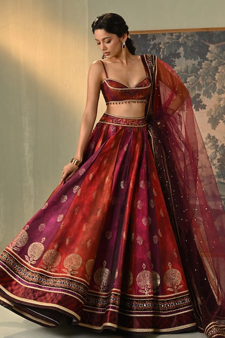 Buy_Cedar & Pine_Red Dupion, Brocade, Tulle Foil Printing, Mirrors, Kumkum Block Lehenga Set _Online_at_Aza_Fashions